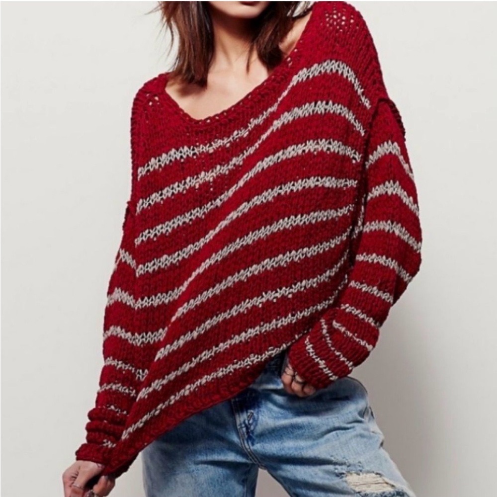 Free People‎ Over Easy Ruby Combo Striped Sweater Cropped Open Knit Size Large